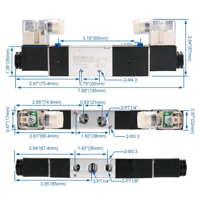 Baomain Pneumatic Solenoid Air Valve 4V230C-08 DC 24V 5 Way 3 Position PT1/4" Internally Piloted Acting Type Double Electrical Control Midst Closed - Image 4
